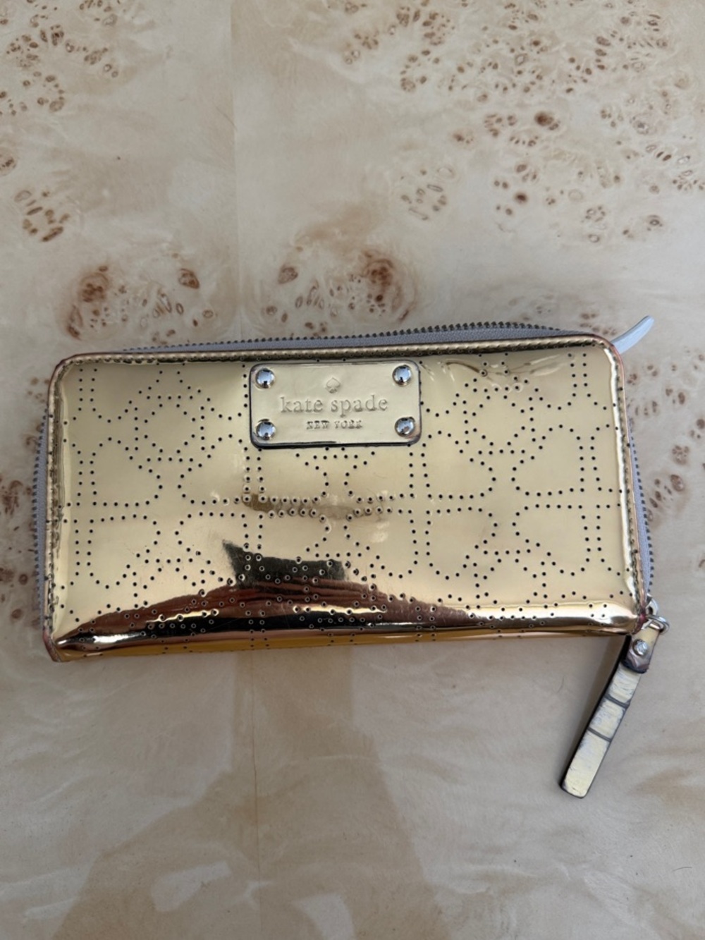 kate spade Metallic Gold Perforated Zip Wallet